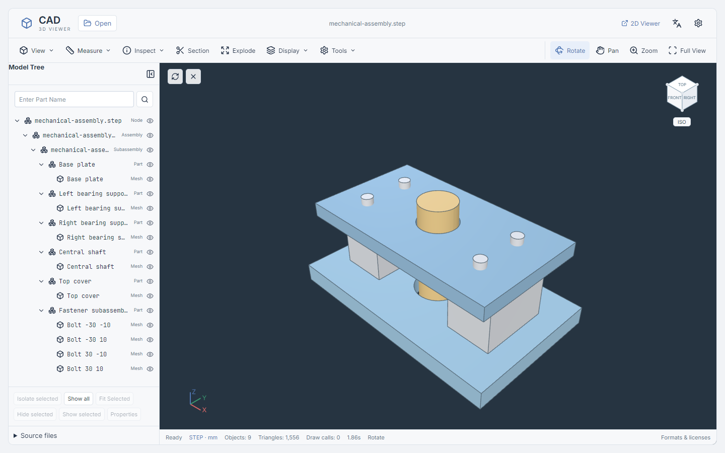 A public test STEP assembly open in the separate 3D CAD Viewer