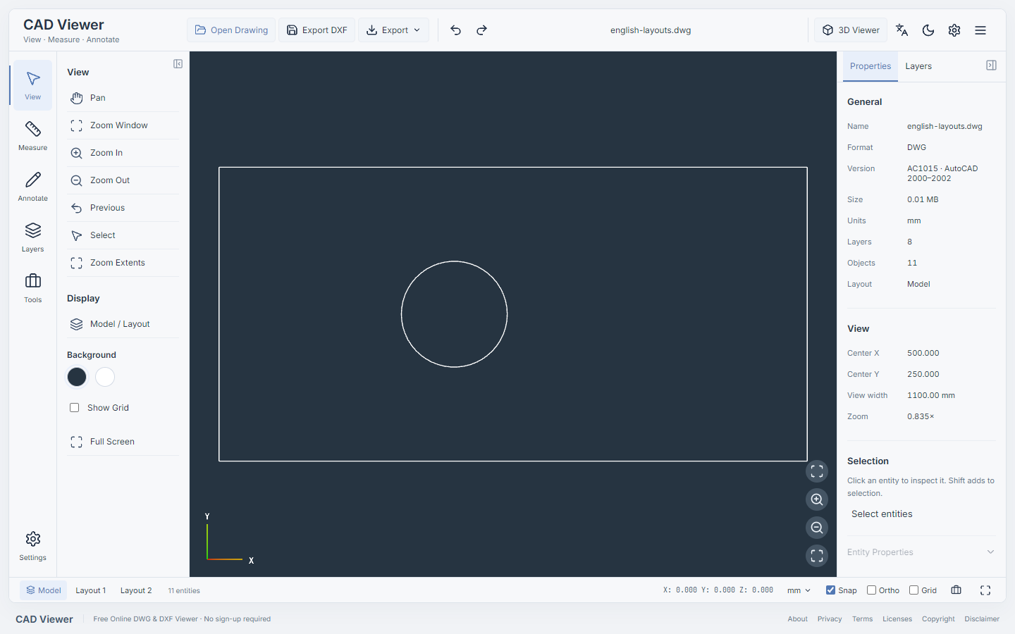 A public test DWG drawing open in the independent 2D CAD Viewer